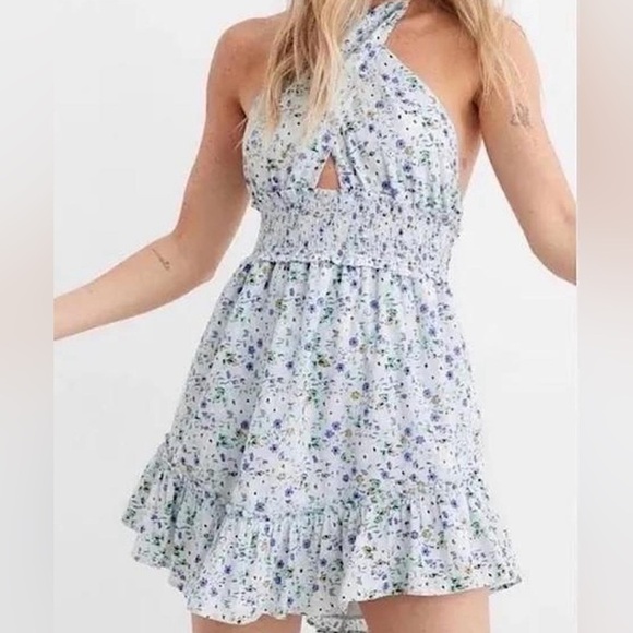 aerie Dresses & Skirts - Aerie Blue Spring Fling Floral Halter Mini Dress